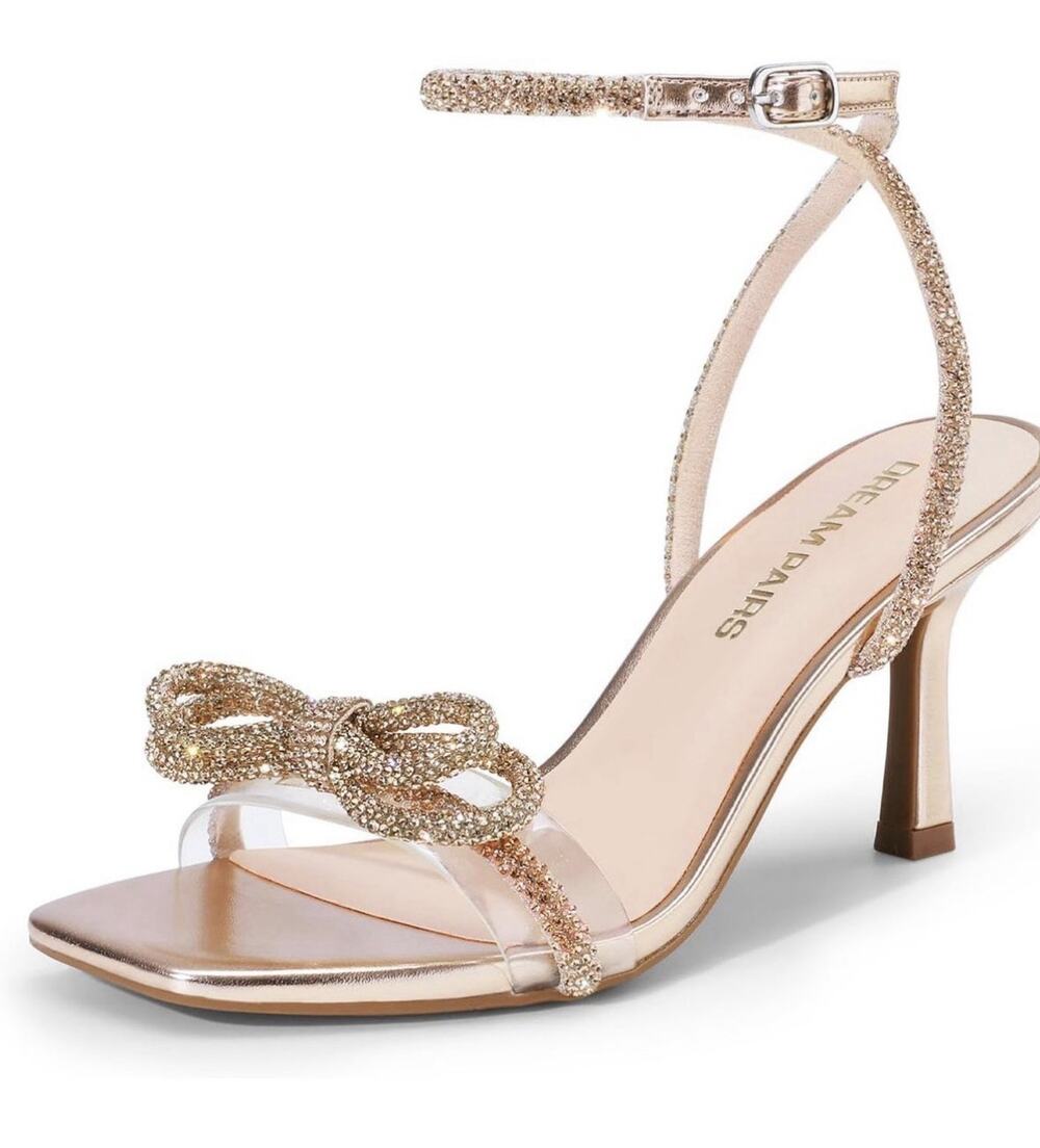 Women Square Open Toe Ankle Strap Stilettos High Heel Sandals Crystal Rhinestone